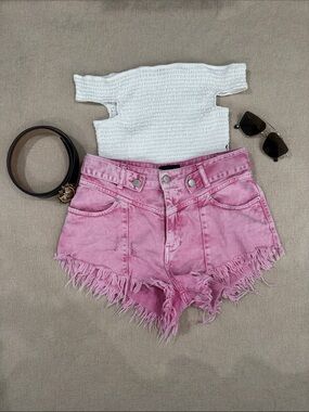 Retrofete Pink Distressed High-Waist Denim Shorts